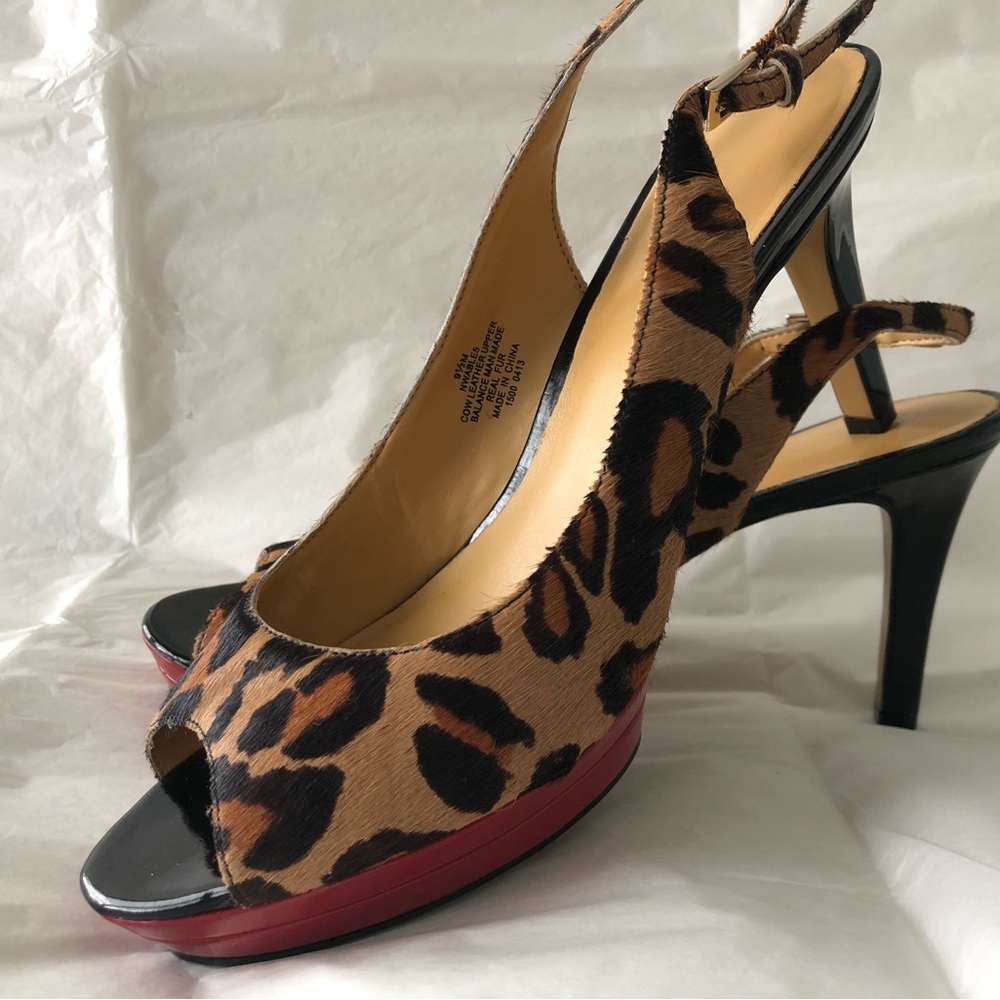 NINE WEST Leopard Print Calf Hair Platform Slingbacks